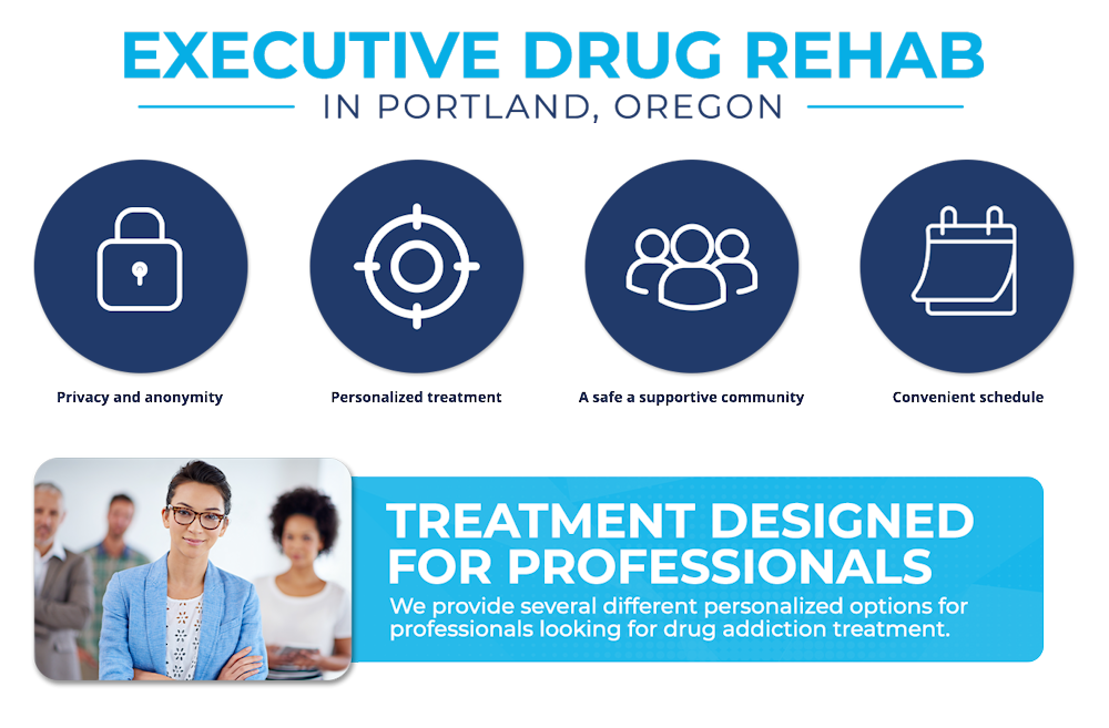 An infographic highlights the treatments designed for professionals at Crestview's Executive Rehab