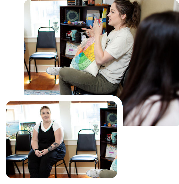 opioid-withdrawal-symptoms-timeline woman sitting in a chair and holding a emotions pillow in group therapy at Crestview Recovery