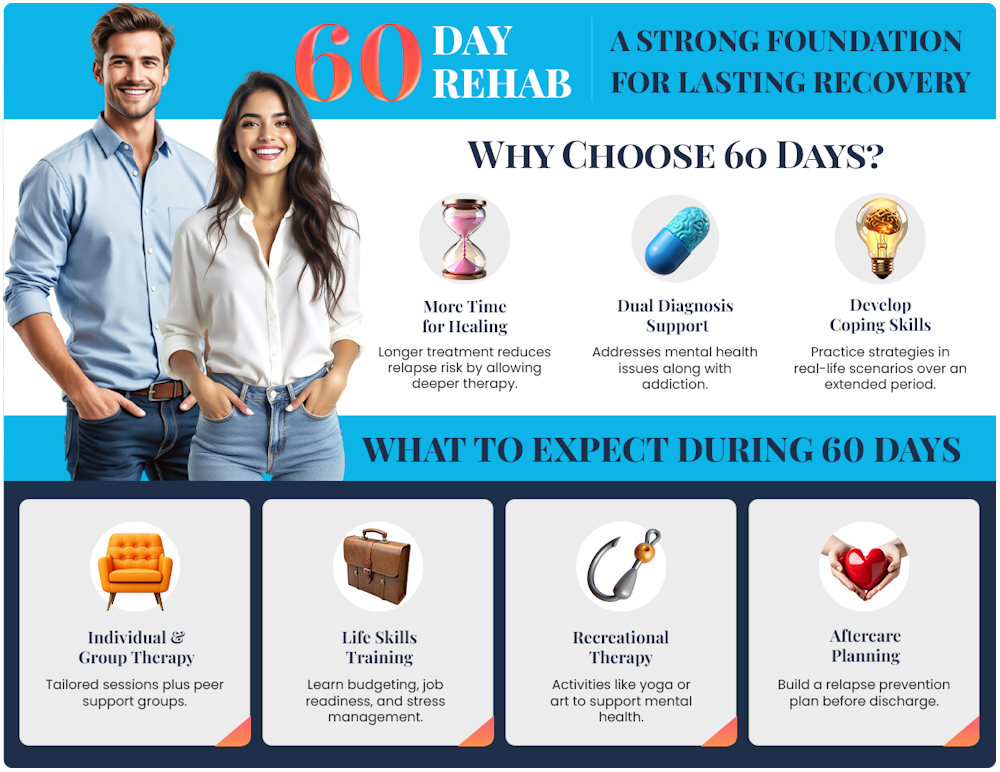 Infographic about a 60-day rehab program in Oregon