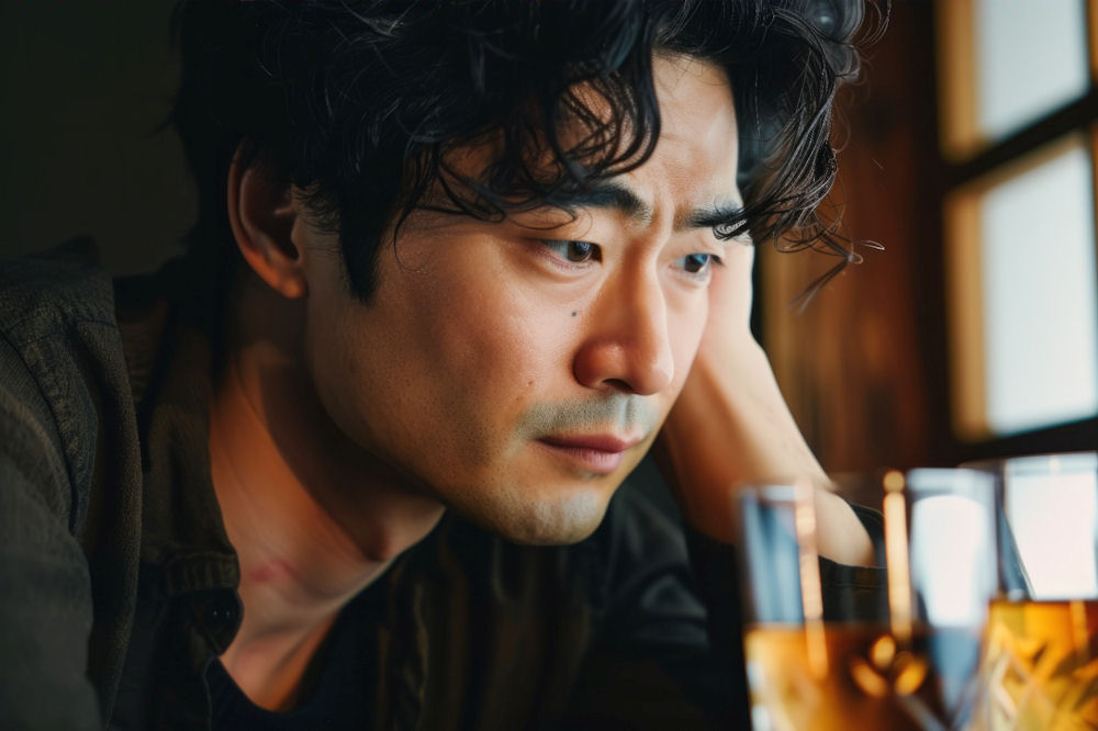 a man deep in thought over a glass of beer